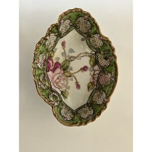 Antique Nippon Hand Painted Oval Trinket Dish Red Pink Roses Gold Moriage Trim